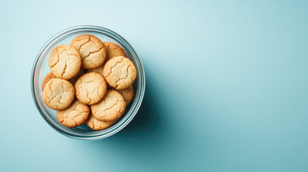 A captivating image of freshly baked cookies arranged in a transparent glass bowl, set against a soothing light blue background, perfect for food enthusiasts.の素材