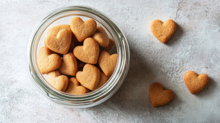 Close-up of heart-shaped cookies neatly arranged in a glass jar, surrounded by additional cookies on a textured background, creating a warm, inviting feel.の素材