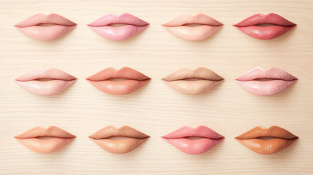 A stunning array of lip colors displayed in a beautiful pattern. This image showcases various shades and textures ideal for makeup, cosmetics, and beauty projects.の素材
