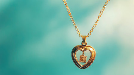 A stunning gold heart pendant gracefully hangs on a delicate chain, capturing elegance and romance. The soft background enhances its beauty and allure.の素材