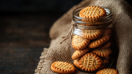 A beautiful arrangement of freshly baked cookies inside a glass jar, surrounded by rustic linen. This image captures the warmth and comfort of homemade treats perfect for any occasion.の素材