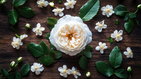 A stunning arrangement featuring a large white rose accompanied by smaller flowers and green leaves. Ideal for nature-themed projects and floral designs.の素材