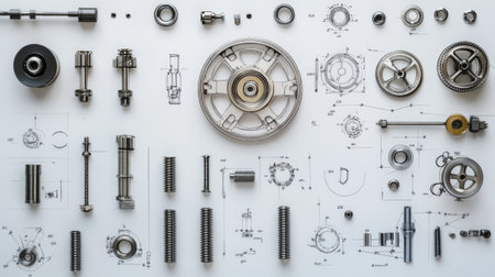 This image features a detailed arrangement of precision engineering components alongside technical drawings. It highlights the intricate designs and mechanical parts essential for machinery development.の素材