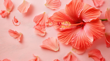A stunning close-up of a vibrant hibiscus flower rests on a soft pink background, surrounded by delicate petals. The scene radiates beauty and tranquility.の素材