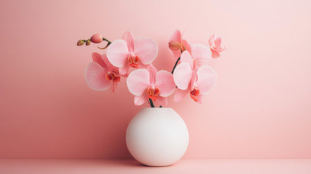 A stunning arrangement of pink orchids in a minimalist vase creates a serene and elegant visual. Ideal for home decor or floral design inspiration.の素材