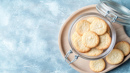A delightful arrangement of freshly baked cookies in a glass jar placed on a wooden tray. The soft blue background adds a touch of serenity to this inviting dessert scene.の素材