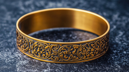 This ornate bronze bangle showcases intricate floral engravings on a dark textured background, reflecting elegance and craftsmanship in jewelry design.の素材
