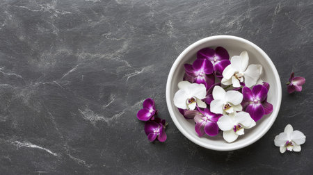 A stylish arrangement of fresh orchid flowers in a white bowl sits gracefully on a dark table surface, creating a tranquil and elegant atmosphere for any space.の素材