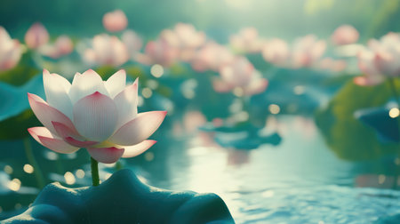 A beautiful close-up of lotus blossoms in a serene pond, illuminated by soft morning light. The tranquil setting exudes peace and natural beauty, perfect for relaxation and meditation.の素材