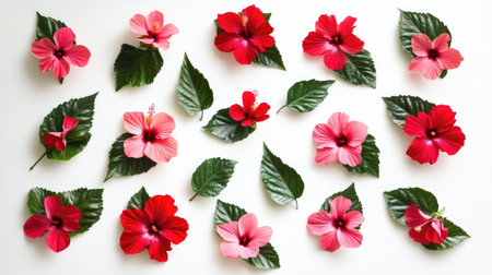 A beautiful flat lay of red and pink hibiscus flowers along with lush green leaves. Perfect for nature-inspired design with vibrant tropical vibes.の素材
