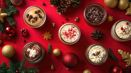 A vibrant display of festive desserts in jars surrounded by Christmas ornaments and decorations, perfect for holiday celebrations and gatherings.の素材