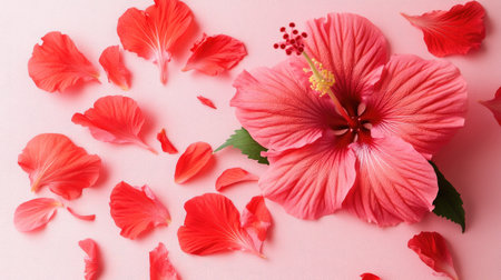 A stunning pink hibiscus flower surrounded by scattered petals on a soft pink surface. This composition captures the delicate beauty and vibrant colors of nature, perfect for floral-themed projects.の素材