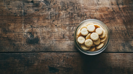 This image showcases a clear glass jar filled with round crackers, sitting on a rustic wooden table. The scene evokes a cozy and inviting atmosphere perfect for snacking.の素材