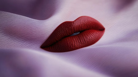 A stunning close-up of glossy red lips resting on a soft silk fabric. This elegant image captures beauty and glamour, perfect for cosmetics and fashion themes.の素材