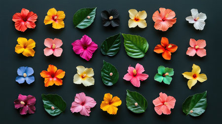 A stunning colorful display of tropical flowers arranged with green leaves, perfect for showcasing nature's beauty and vibrancy in a decorative format.の素材
