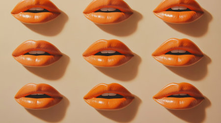 Vibrant orange lips arranged in a uniform pattern against a neutral background create a striking visual. This artistic image emphasizes color and texture.の素材