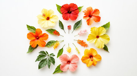 This flat lay features a vibrant assortment of hibiscus flowers in various colors, surrounded by lush green leaves, creating a captivating natural design suitable for multiple uses.の素材