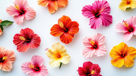 A stunning arrangement of vibrant hibiscus flowers in assorted colors on a white background, perfect for design projects, seasonal themes, or nature-inspired decor.の素材