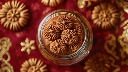 A stunning closeup of decorative cookies arranged in a glass jar, set against an elegant red and gold background, perfect for festive occasions.の素材