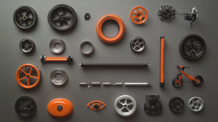 A flat lay arrangement of various bicycle parts including wheels, tires, and gears on a gray surface. The components are predominantly orange and display a modern, organized design.の素材