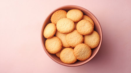 A beautiful display of freshly baked round cookies arranged in a pink bowl on a soft pastel surface, perfect for snacks or gatherings.の素材