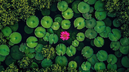 Discover a mesmerizing pink water lily gracefully blooming amid vibrant green lily pads in a serene pond, capturing the essence of tranquility and natural beauty.の素材