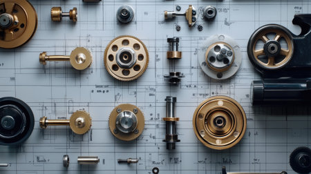 A detailed arrangement of mechanical components on top of a technical drawing. The image showcases precision engineering with various gears, bolts, and parts, ideal for industrial design themes.の素材