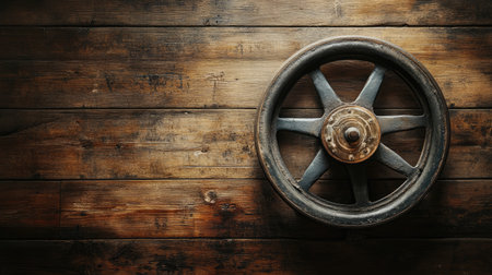 A vintage wooden wheel rests on a rustic wooden surface, showcasing beautiful textures and rich tones. Perfect for concepts of history and craftsmanship.の素材