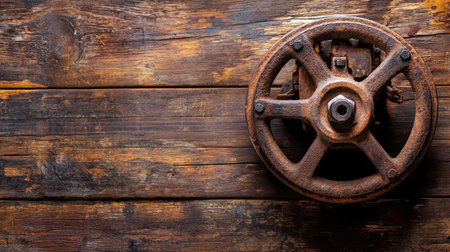 This image features a vintage industrial gear wheel resting on a rustic wooden surface, showcasing the beauty of mechanical design and aged materials.の素材