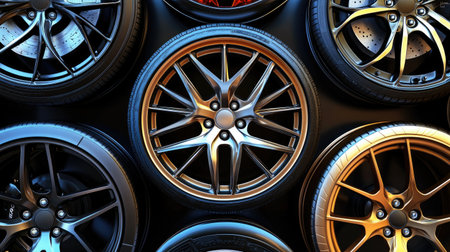 A stunning display of stylish alloy wheels on a dark background, showcasing various designs and finishes ideal for automotive enthusiasts and professionals.の素材