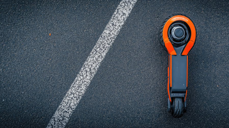 A sleek electric scooter stands parked on an asphalt surface with a white stripe, showcasing modern design and urban mobility for eco-friendly travel.の素材