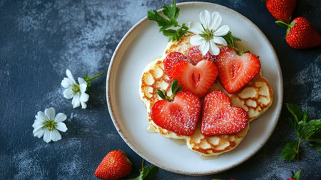 This image showcases heart-shaped pancakes topped with fresh strawberries and delicate flowers on a rustic plate. Perfect for romantic breakfasts.の素材