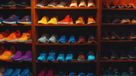 A vibrant collection of athletic shoes neatly arranged on wooden shelves. The display features a variety of colors and styles, showcasing modern footwear design.の素材