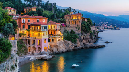 Vibrant coastal village showcases colorful houses perched on a rocky shoreline at sunset. The tranquil scene reflects serenity and beauty in nature.の素材