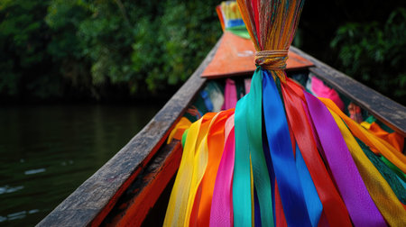 A close-up view of vibrant ribbons adorning the bow of a traditional boat. This serene waterway scene captures the essence of craftsmanship and the beauty of nature.の素材