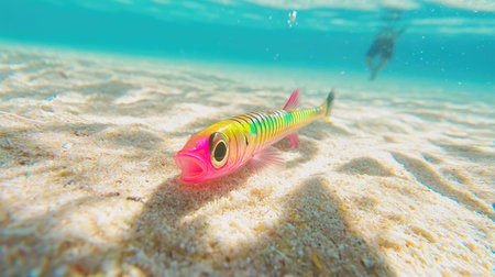 A vibrant toy fish rests on a sandy seafloor, surrounded by crystal-clear water. The bright colors reflect the sunlight, creating a playful scene perfect for summer memories.の素材