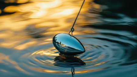 A mesmerizing pendulum reflects on the surface of still water during sunset, creating a serene and peaceful atmosphere filled with ripples and glowing light.の素材