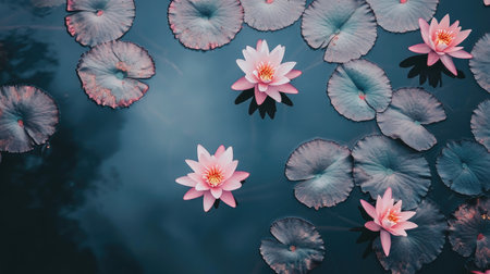 A stunning overhead view of delicate pink water lilies floating on a tranquil blue pond, surrounded by green lily pads, creating a serene and calming atmosphere.の素材
