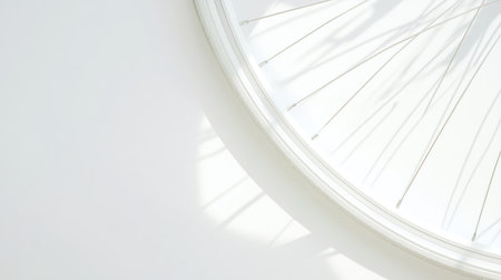 This artistic image showcases the abstract shadow of a bicycle wheel cast on a white wall, creating a minimalist and modern visual effect.の素材