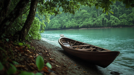 A tranquil scene featuring a wooden boat resting on a riverbank, surrounded by lush greenery and a serene water body, perfect for nature lovers and adventure seekers.の素材