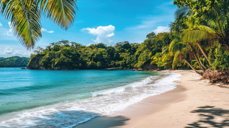 A stunning tropical beach with soft sand, calm azure waters, and lush greenery. Perfect for relaxation and vacations, this picturesque setting offers tranquility and beauty.の素材