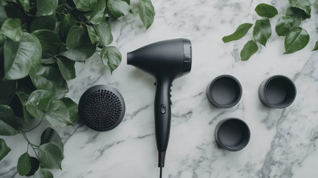 A sleek black hair dryer rests on a marble surface surrounded by lush greenery. This modern styling tool features essential accessories for professional results at home.の素材