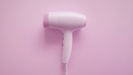 A chic pink hair dryer rests on a soft pink background, ideal for beauty applications. Perfect for a stylish aesthetic in personal care or salon settings.の素材