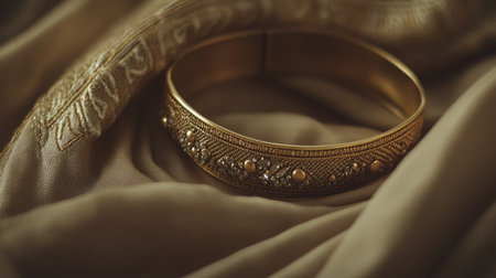 This stunning gold bangle rests elegantly on soft silk fabric, showcasing intricate craftsmanship and design. A perfect accessory for any stylish outfit.の素材