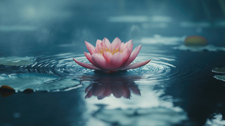 A stunning pink lotus flower gracefully floats on a tranquil water surface, surrounded by lush green leaves, creating a serene and peaceful atmosphere.の素材