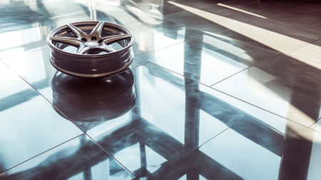 A stylish alloy car wheel rests on a polished floor, showcasing reflections of natural light. The modern design highlights craftsmanship and sleek aesthetics, perfect for automotive themes.の素材
