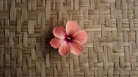 A lovely pink flower with defined petals placed on a woven natural surface, creating a serene and artistic representation of beauty in nature.の素材