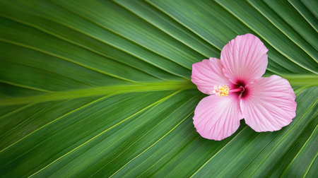A striking close-up image featuring a delicate pink hibiscus flower set against a vibrant green palm leaf, showcasing nature's beauty and tranquility.の素材