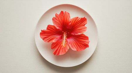 A vivid red hibiscus flower placed elegantly on a white plate against a muted background. This image showcases natural beauty with simplicity and freshness, ideal for design or decoration themes.の素材