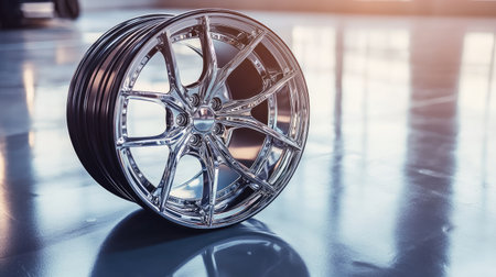 A stunning chrome alloy wheel showcased on a polished surface. This high-quality image highlights the elegant design, perfect for automotive enthusiasts and builders.の素材